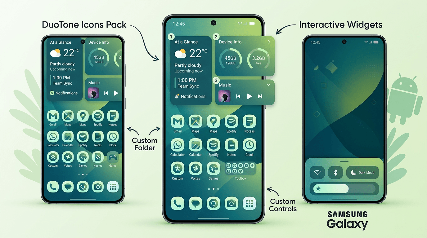 Android home screen showing custom launcher icon pack and interactive widgets