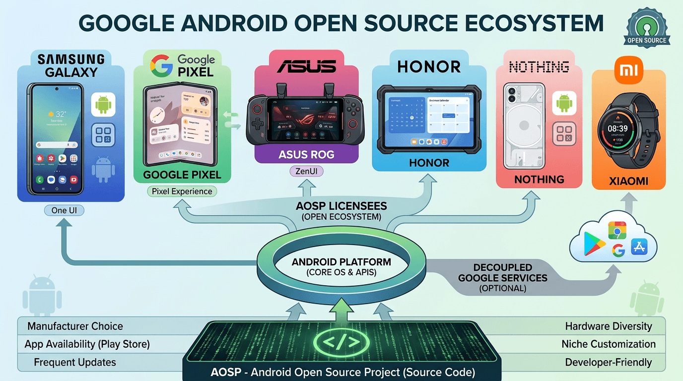 Google Android open source ecosystem diagram with multiple device manufacturers