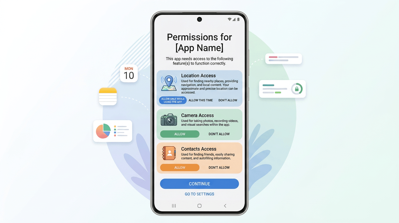 Android app permission request screen showing location camera and contacts controls