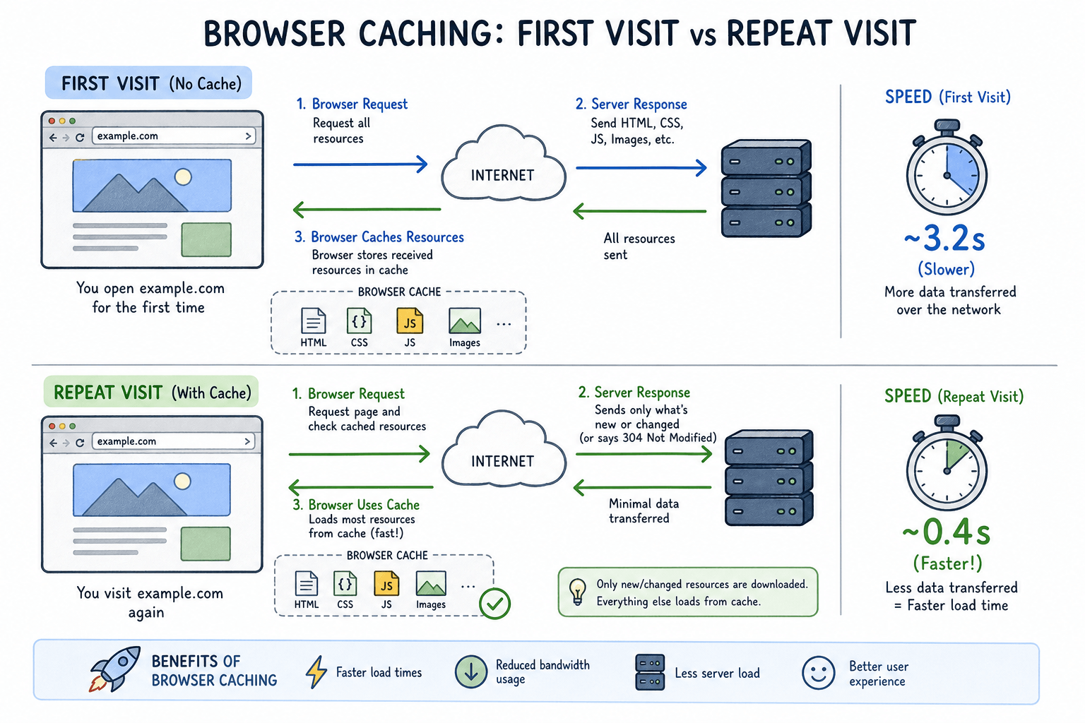 Browser caching diagram first visit vs repeat visit speed comparison
