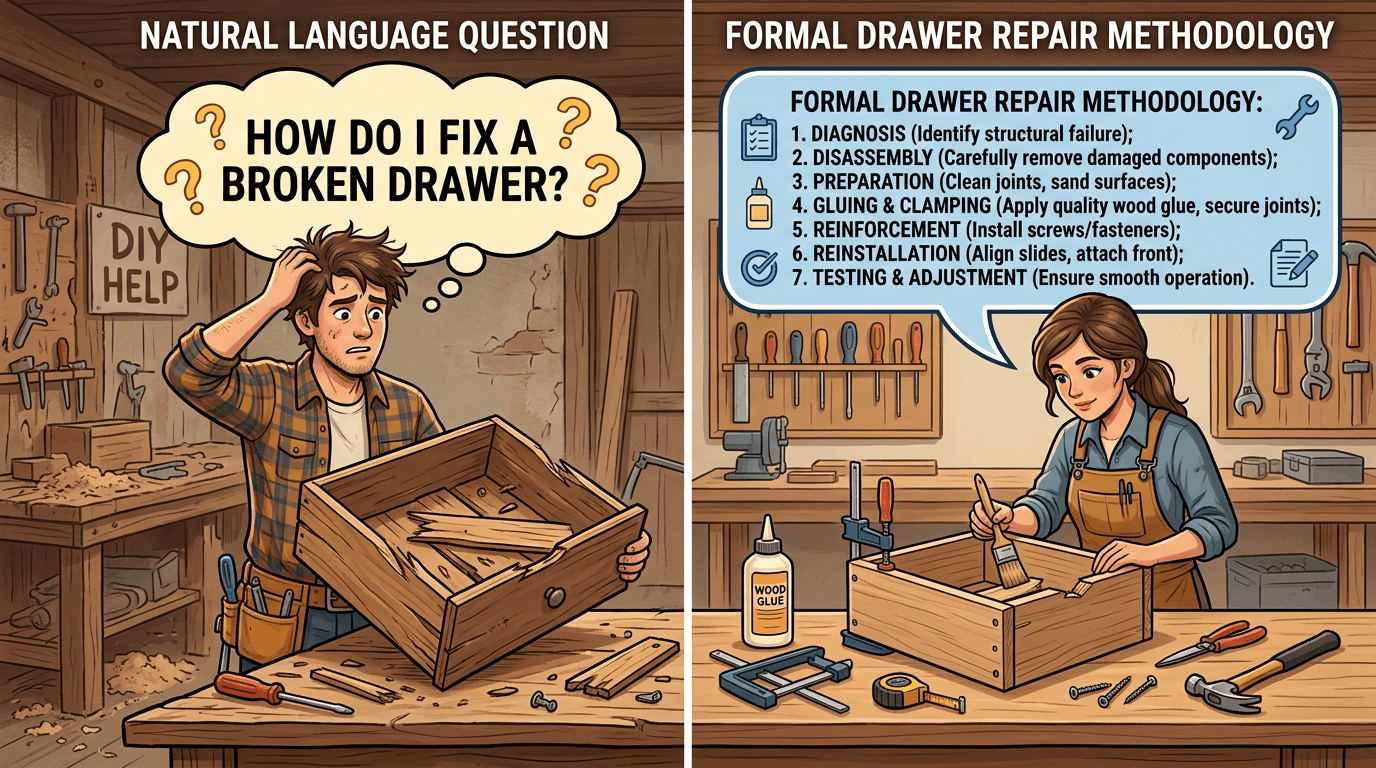 Speech bubbles showing natural language question how do I fix a broken drawer versus formal drawer repair methodology