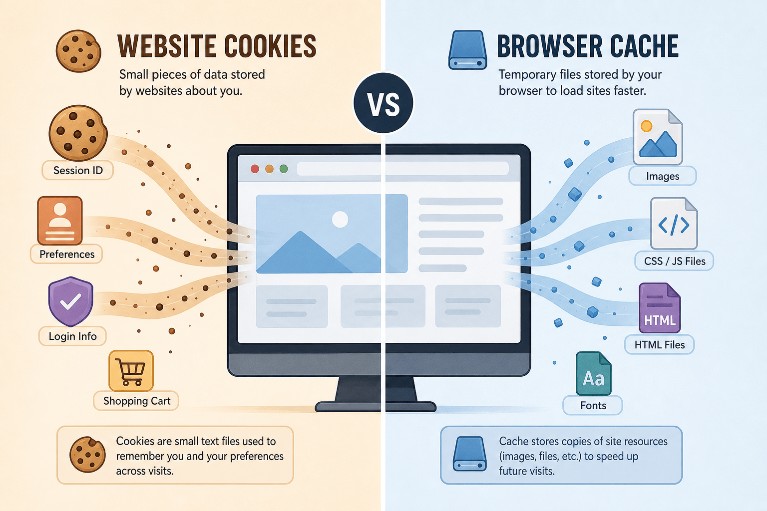 Split diagram comparing website cookie and browser cache with different storage symbols