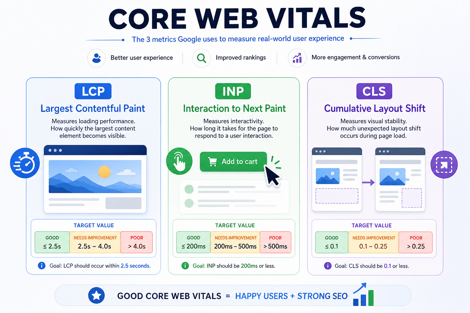 Core Web Vitals explained LCP INP CLS target values infographic