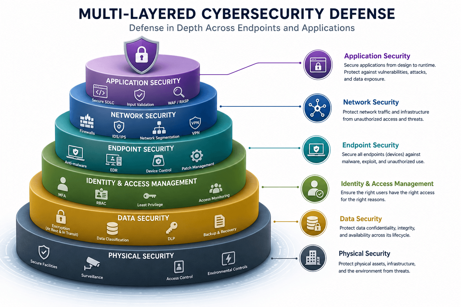 Multi-layered cybersecurity defense showing network endpoint and application security layers