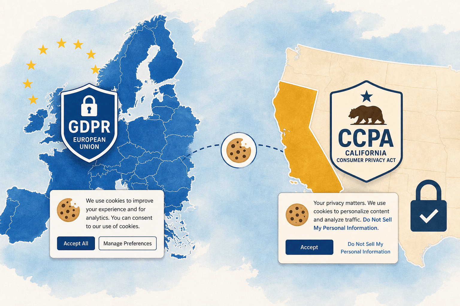 Map illustration showing European Union for GDPR and California for CCPA with cookie law symbols