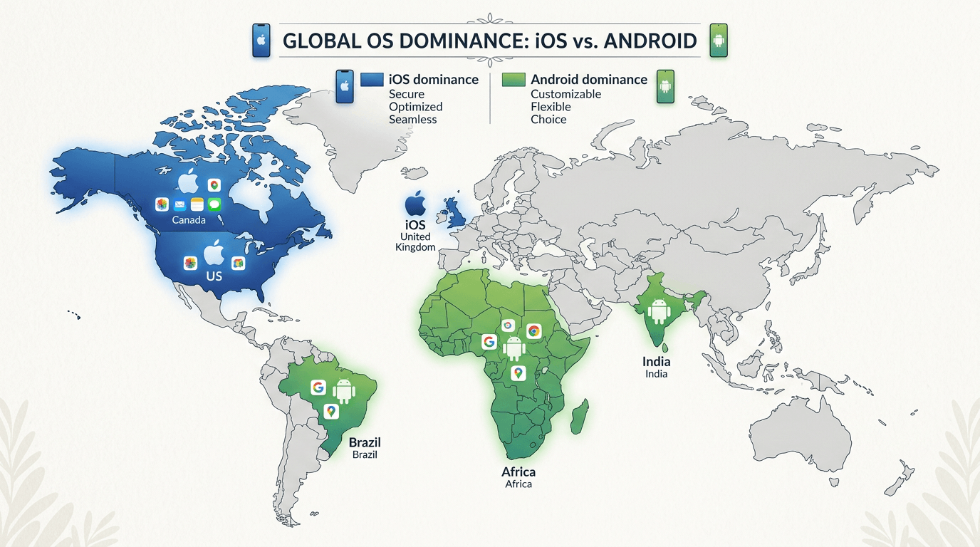 World map showing iOS dominance in blue in US Canada UK and Android dominance in green in India Brazil and Africa