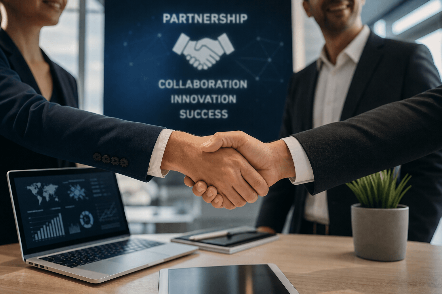 Client and IT outsourcing vendor shaking hands on a partnership