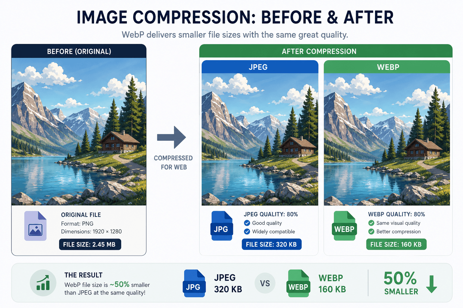 Image compression before and after WebP vs JPEG file sizes