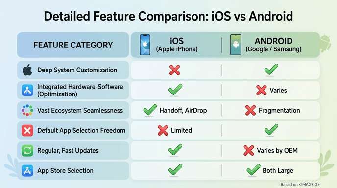 Table comparing iOS and Android across market share development cost security and customization