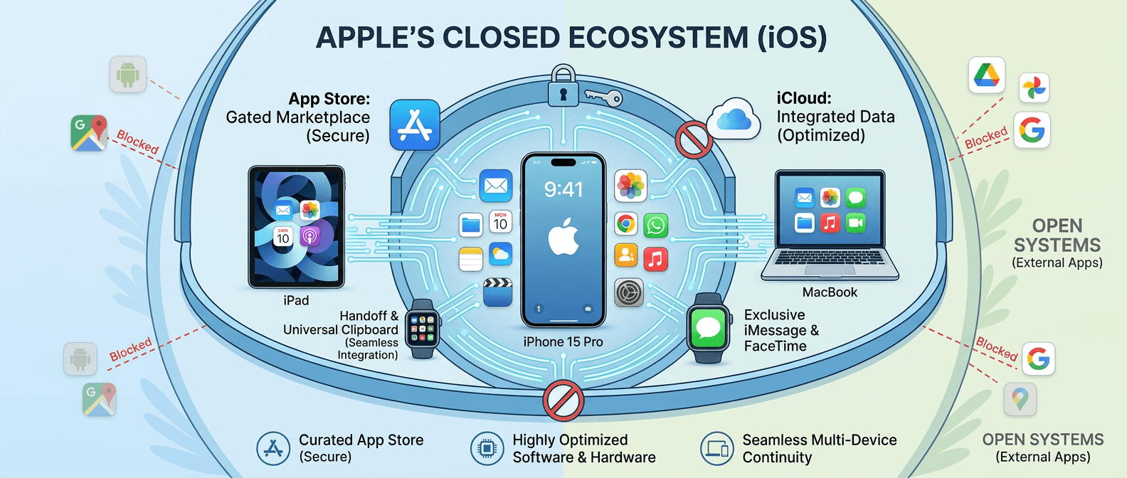 Apple iOS operating system architecture diagram showing closed ecosystem flow