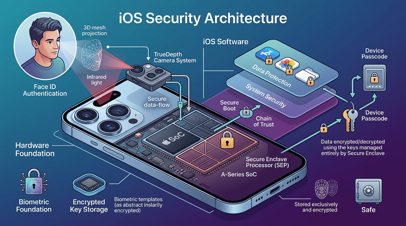iOS security architecture showing hardware encryption Secure Enclave and Face ID