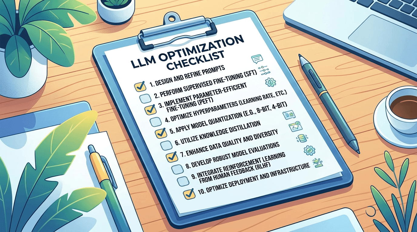 Checklist clipboard showing ten checkboxes for LLM optimization tasks