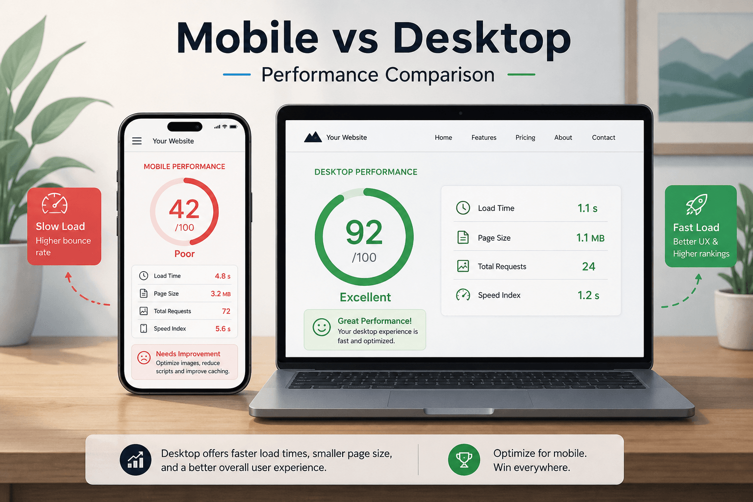 Mobile vs desktop performance comparison on smartphone and laptop