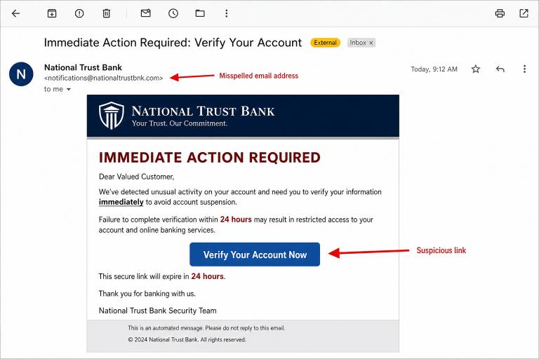 Example of a phishing email showing fake sender address and malicious link