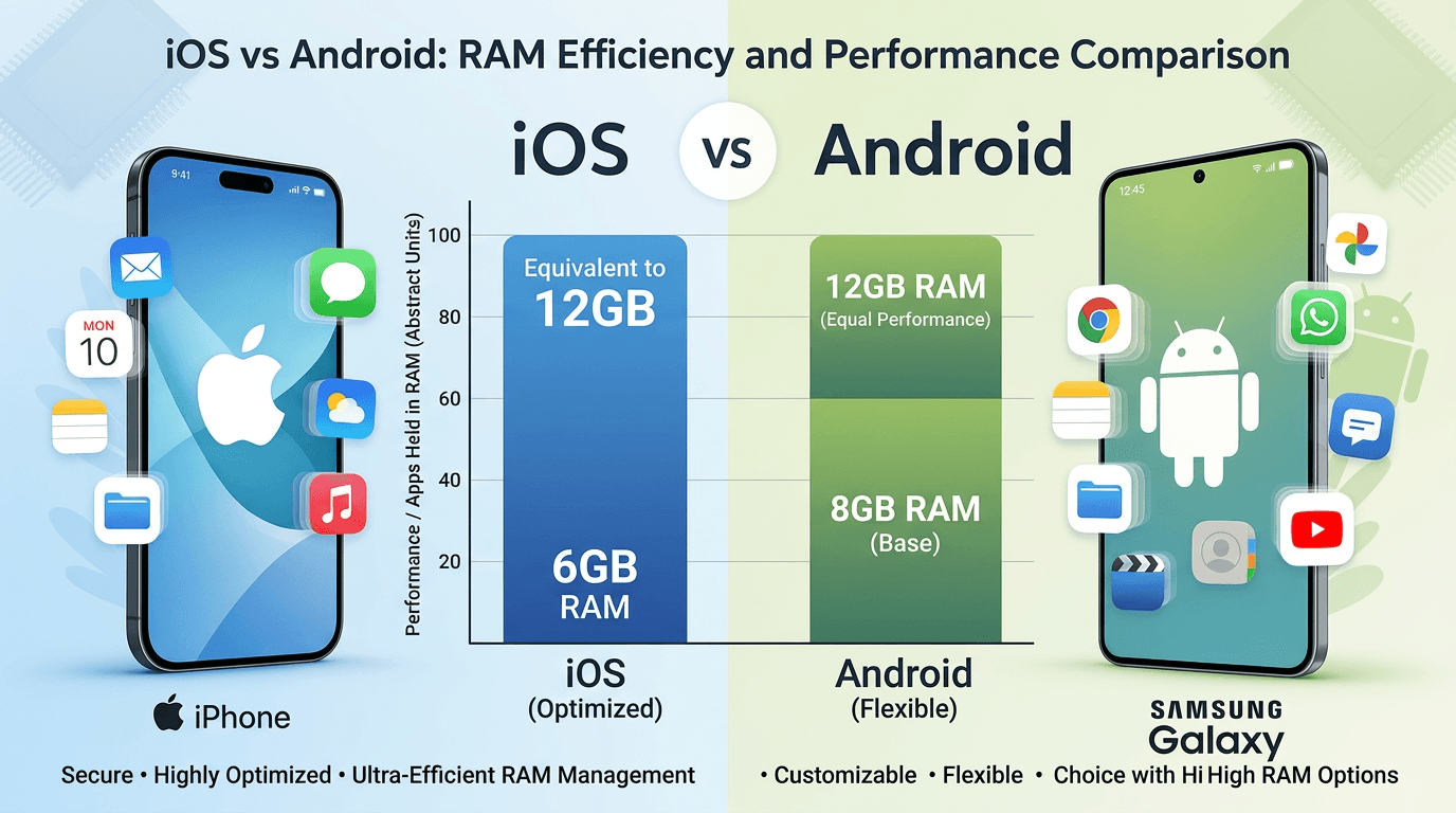 iOS vs Android RAM usage chart showing 6GB iPhone performing like 12GB Android