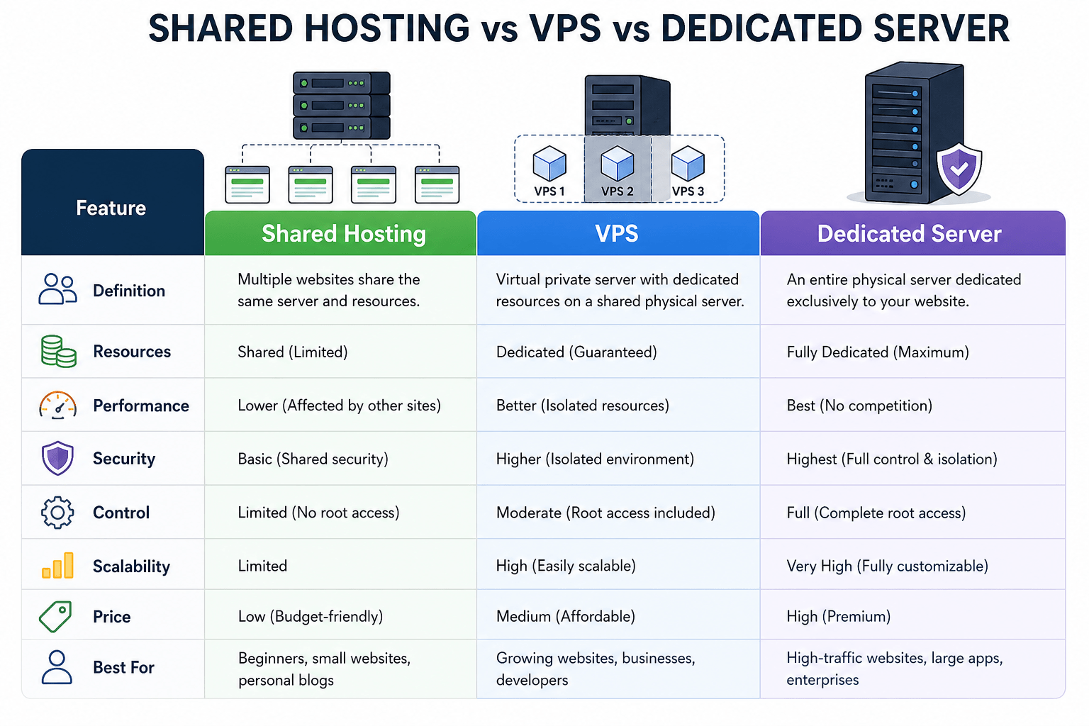 Shared hosting vs VPS vs dedicated server comparison table