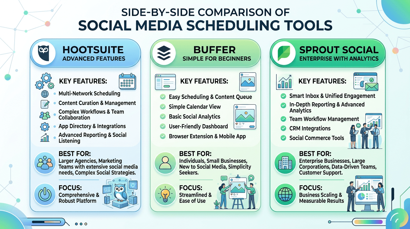 Social media scheduling tools comparison Hootsuite Buffer Sprout Social