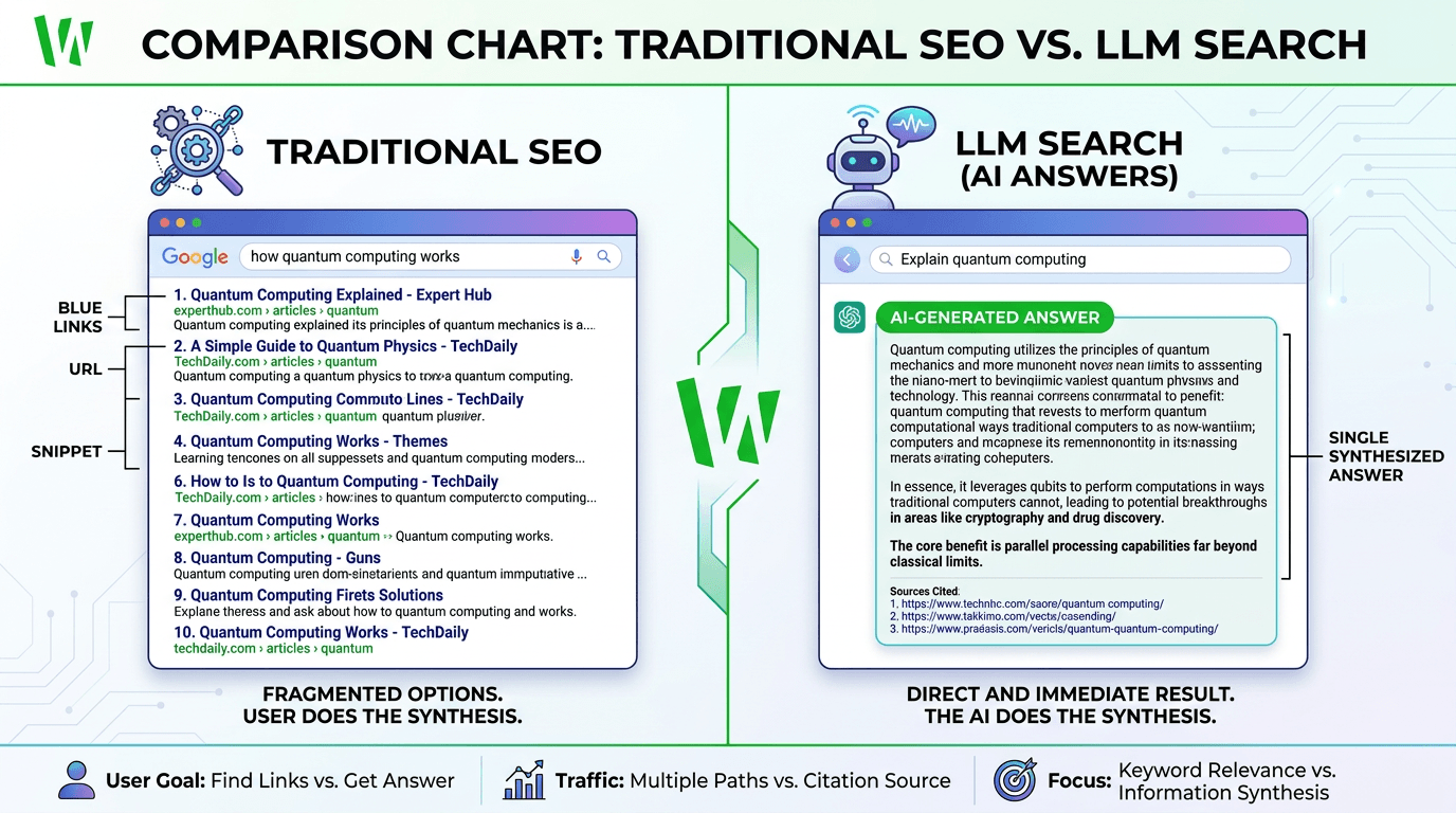 Comparison chart showing traditional SEO with ten blue links versus LLM search with one AI generated answer