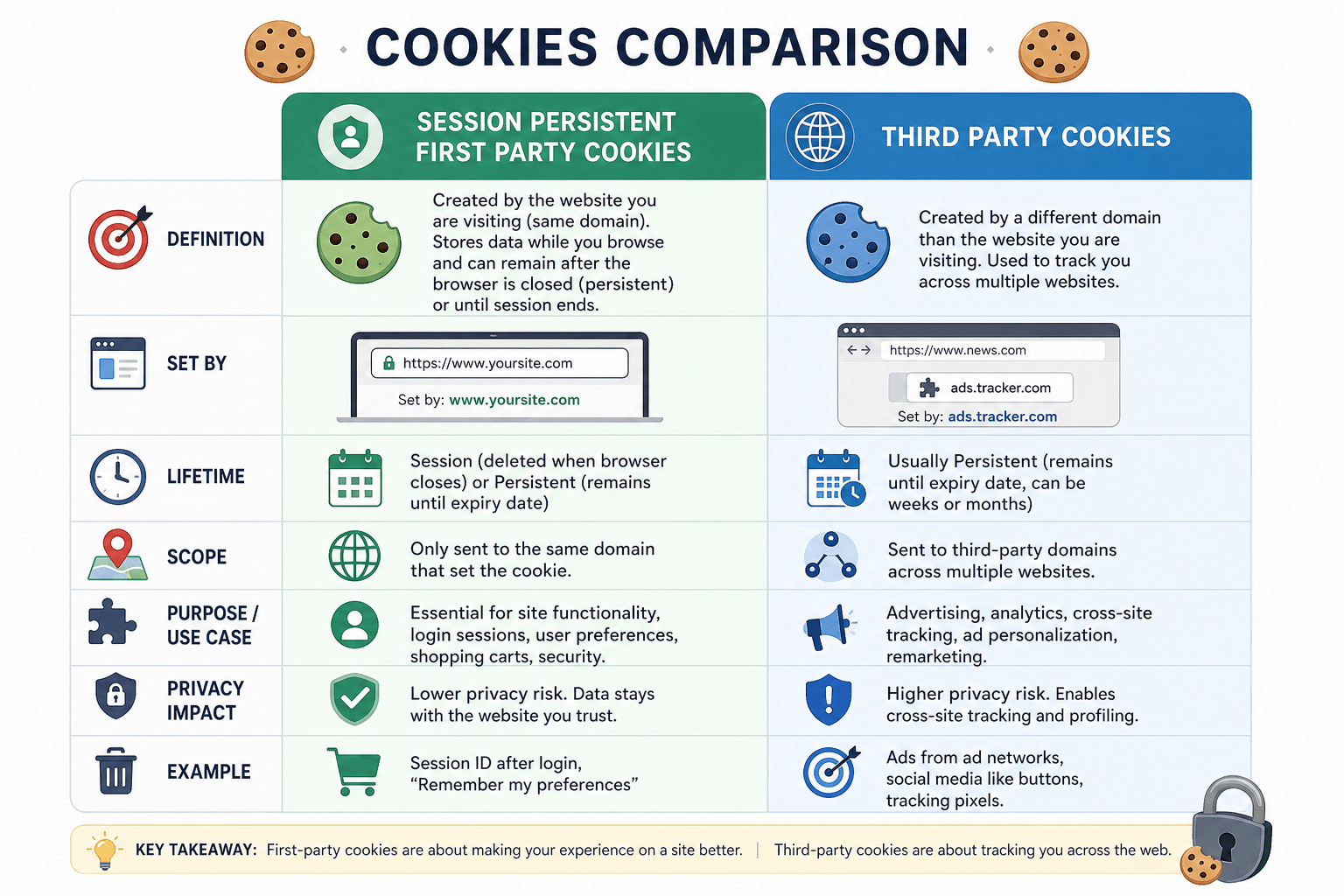 Visual comparison chart of session persistent first party and third party cookies with icons