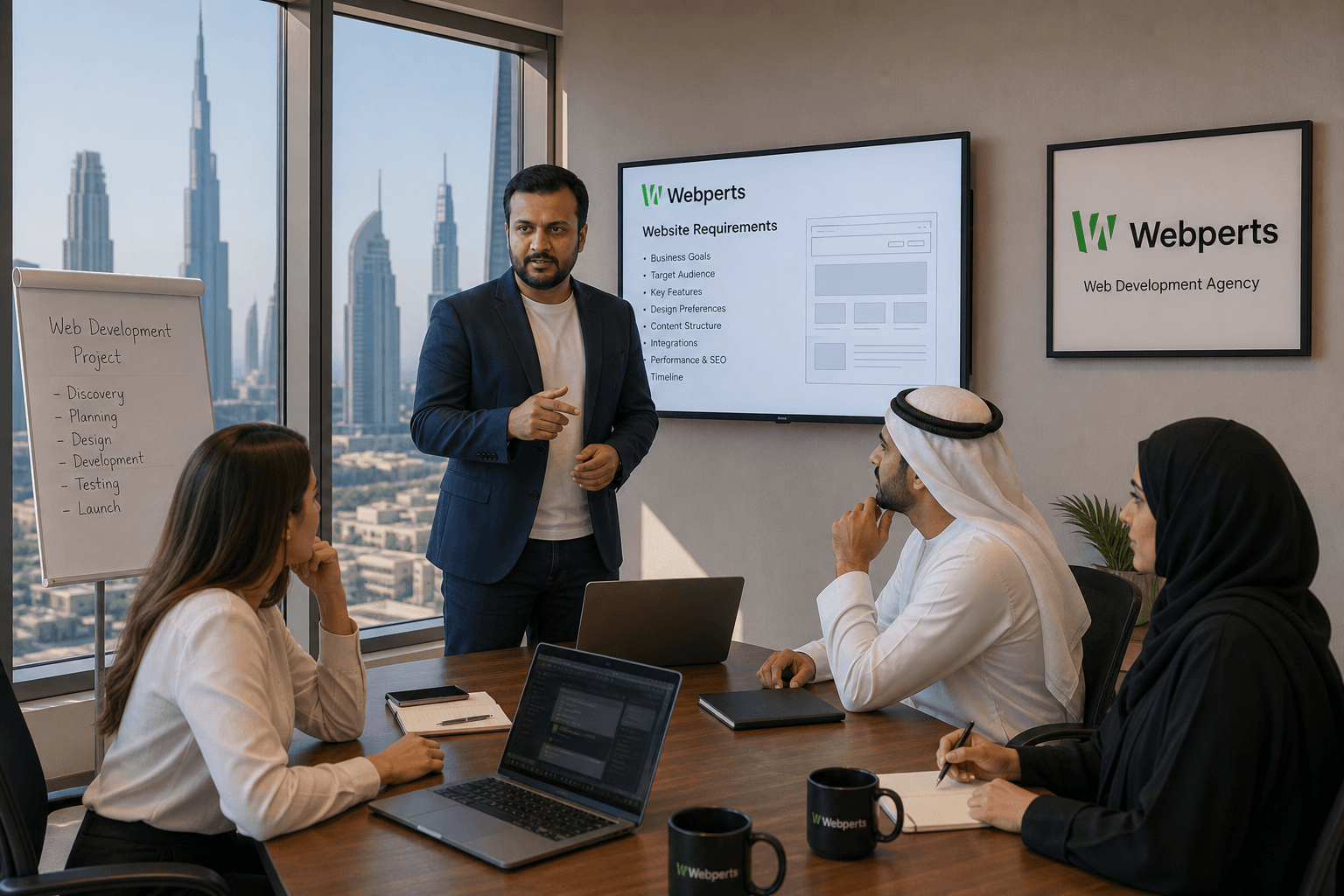 Client meeting with a web development agency to define website requirements in Dubai