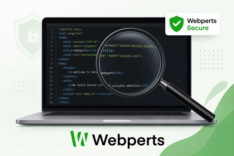 Webperts team performing website security audit with magnifying glass over code