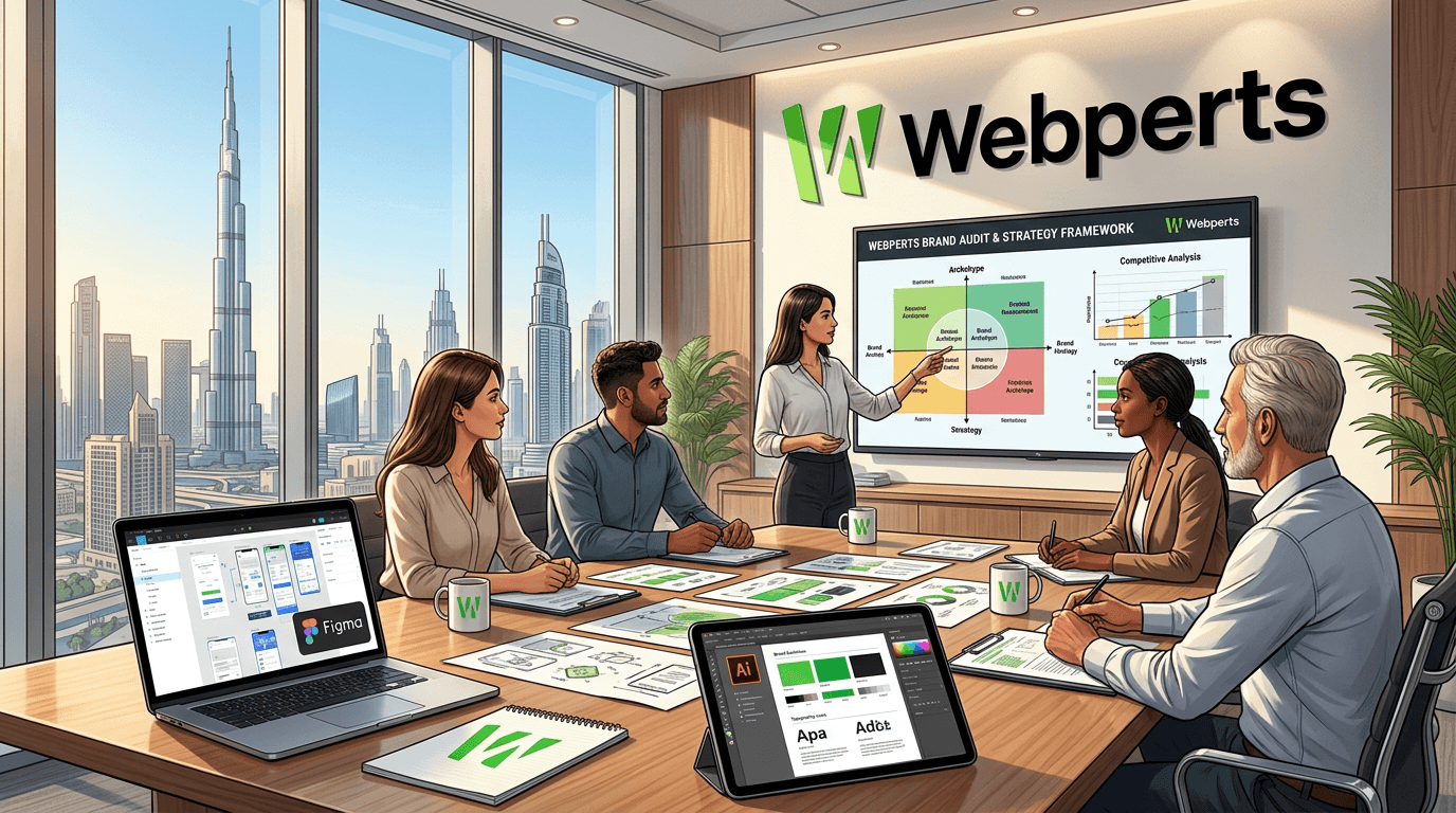 Webperts creative agency team conducting brand audit and strategy meeting in Dubai office with Figma and Adobe Creative Suite on screens