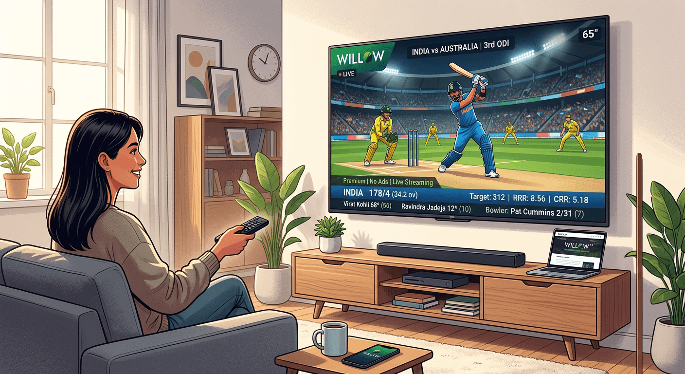 Willow TV app live cricket streaming interface in 1080p HD